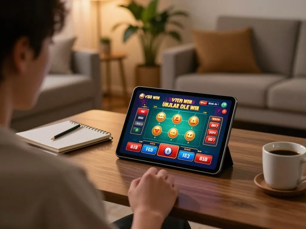 Enjoying v788 WIN with online casino games on tablet in a cozy home setting.