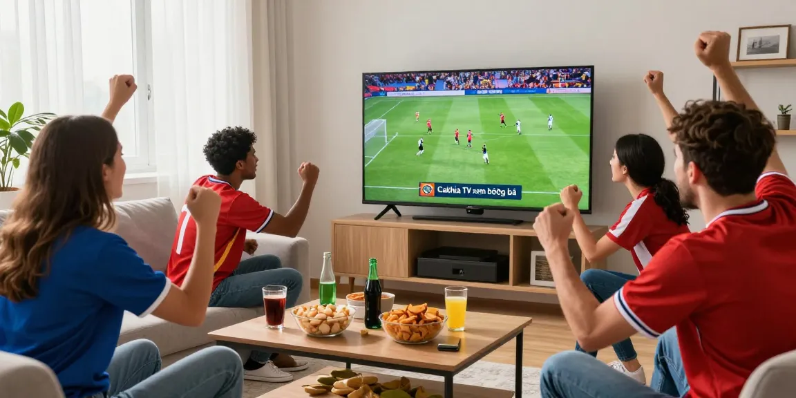 Cakhia TV xem bóng đá captures football fans enjoying a live match in a cozy living room with snacks.