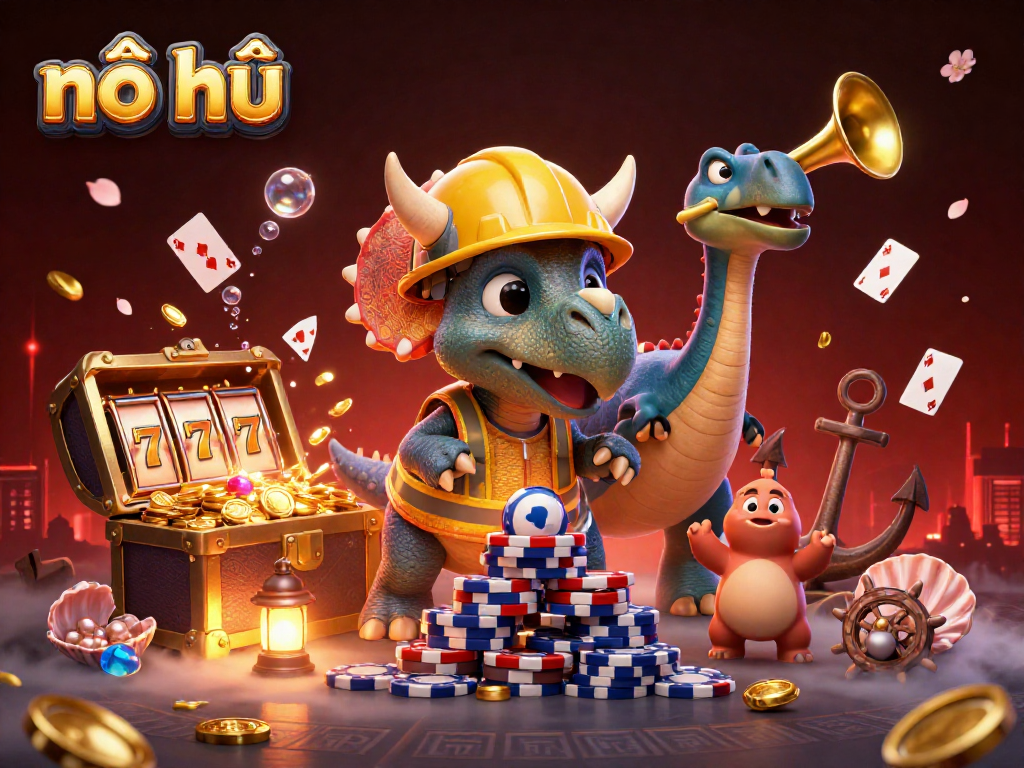 Nổ hũ jackpot celebration with 3D cartoon characters building poker chip pyramid and winning treasures