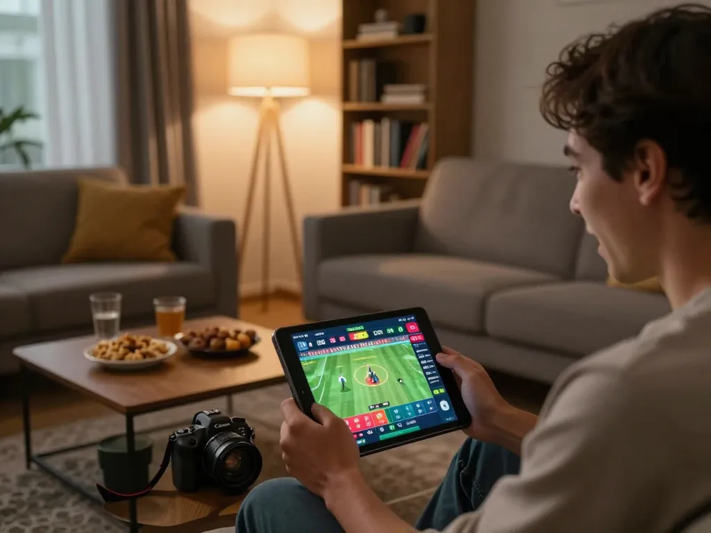 KUBET sports betting scene with a person actively engaging on a tablet in a cozy living room.