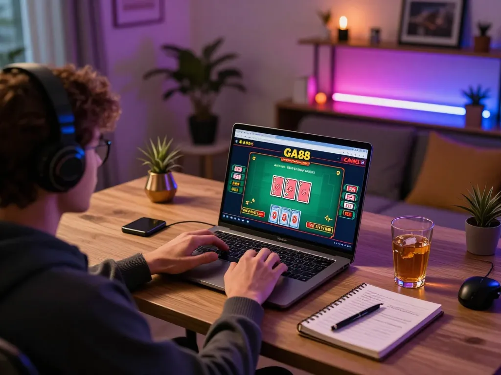 Engaging online gaming setup using GA88 for live casino action, featuring laptop and strategic notes.