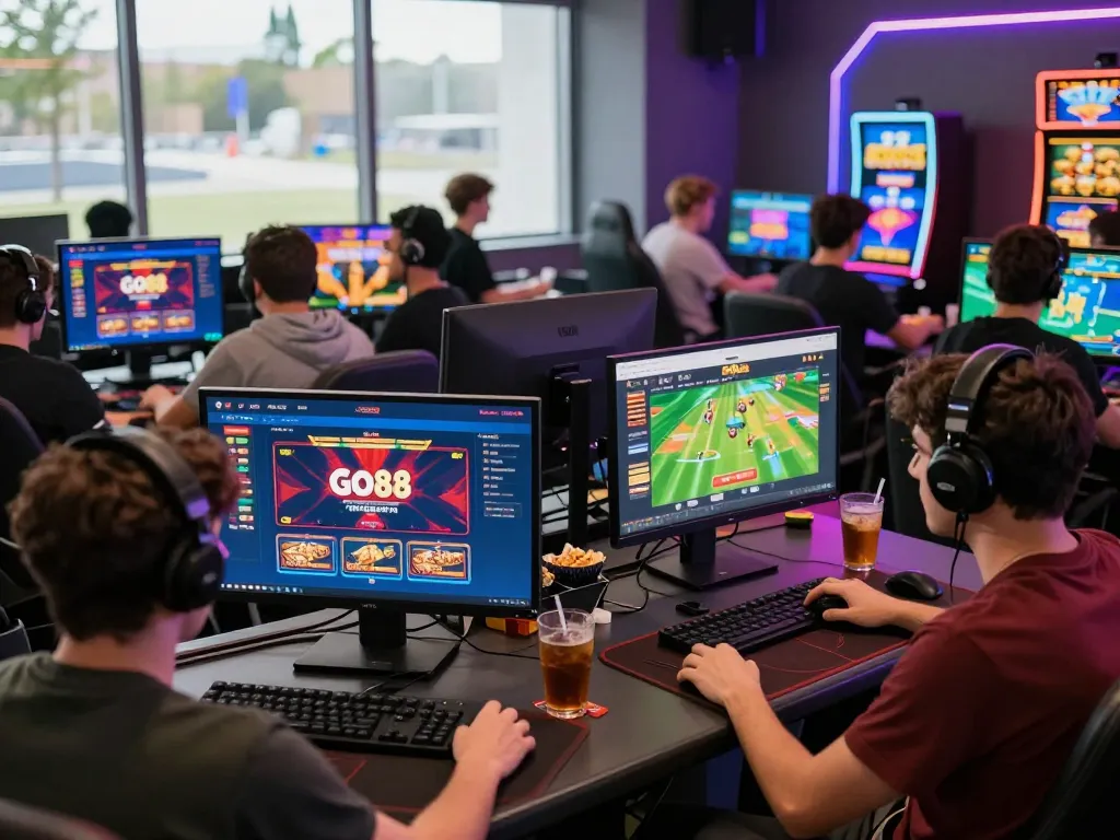 Diverse players enjoying an immersive gaming experience on go-88.us.com, surrounded by snacks and bright LED lighting.