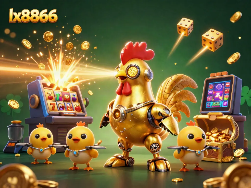 Experience exciting gameplay at lx8866 with a vibrant 3D illustration of a golden rooster robot and treasures.