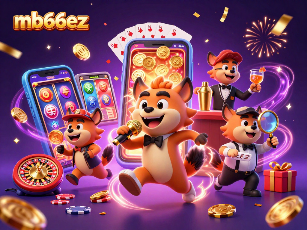 Experience the laughter at mb66ez casino with hyenas mixing drinks and telling jokes amidst colorful games.