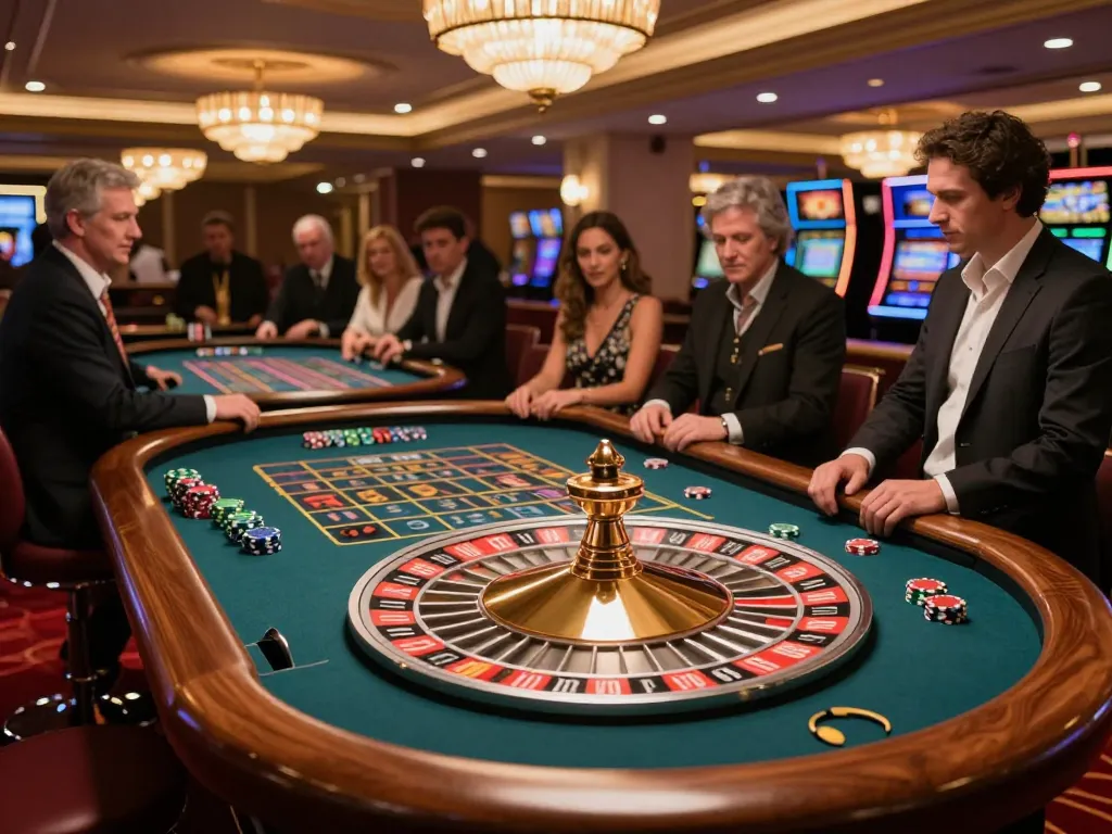 Players engaging with roulette at GEM88 casino, vibrant chips on the table, luxurious atmosphere.
