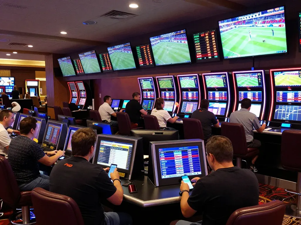 Bsport users placing bets in a modern sportsbook with live sports displayed on screens