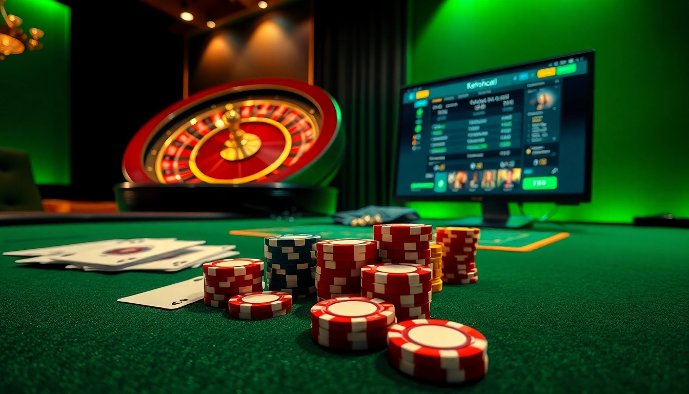Engage with keonhacai5 on an exciting casino table featuring poker chips and cards.