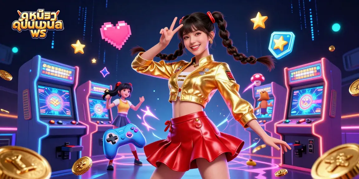 Experience ดูหนังออนไลน์ฟรี in a vibrant, energetic casino scene bursting with 3D elements and colorful characters.