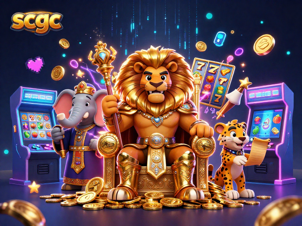 scgc showcases a vibrant casino scene with a lion king, elephant advisor, and cheetah messenger amidst slot elements.