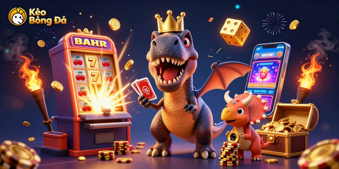 Kèo Bóng Đá scene depicting a T-Rex and friends amidst vibrant casino elements, showcasing excitement in betting.