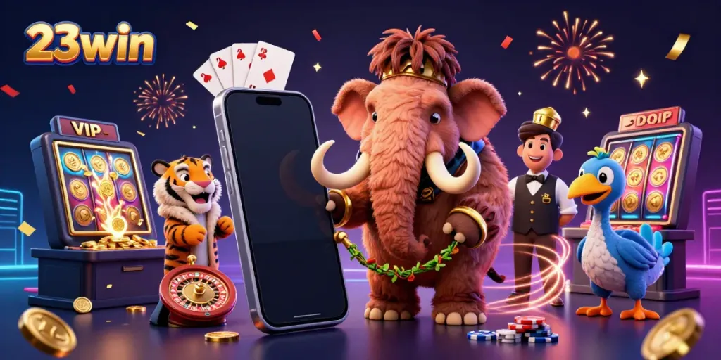 Experience thrilling gaming adventures at 23win with a vibrant casino scene featuring engaging characters.