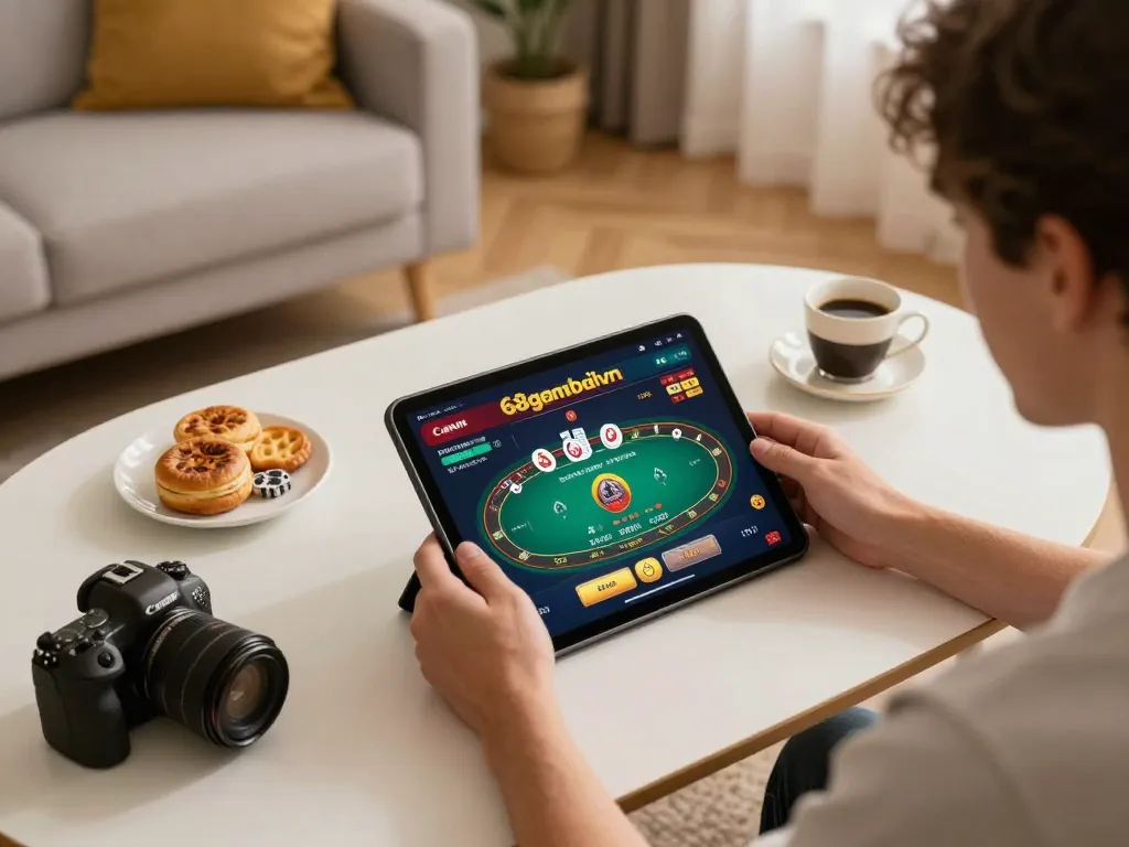 Engage with thrilling poker gameplay on 68gamebaivn using tablet in cozy home environment.
