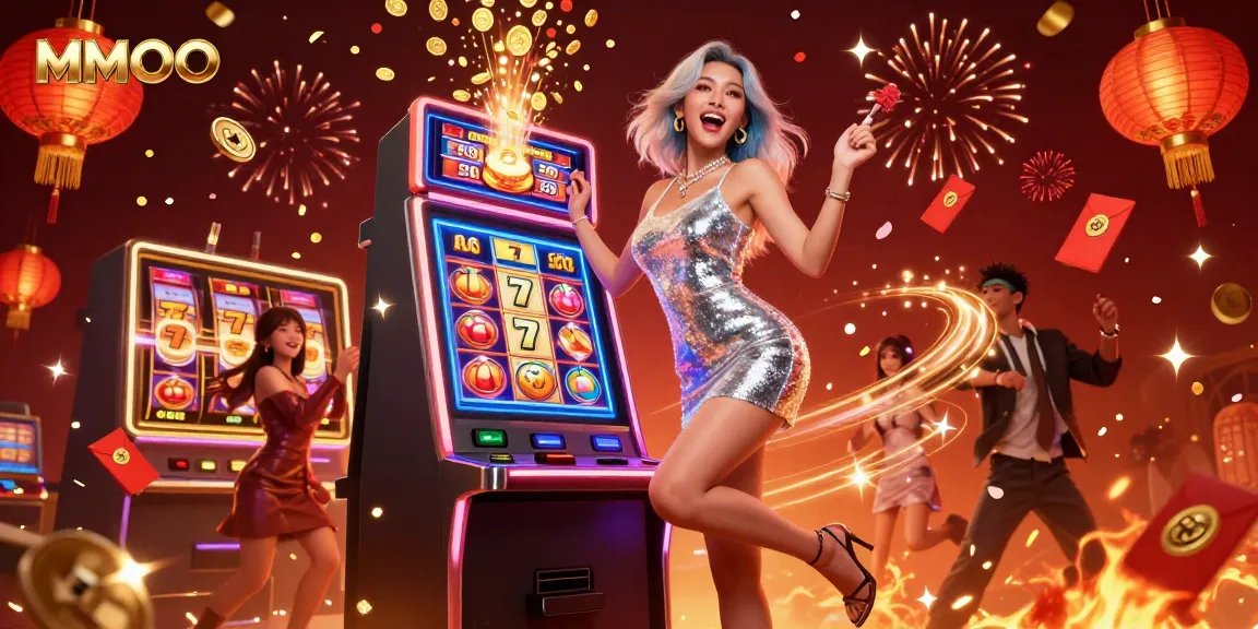 Experience the thrill of winning at MMOO's slot machine with colorful jackpot symbols and festive elements.