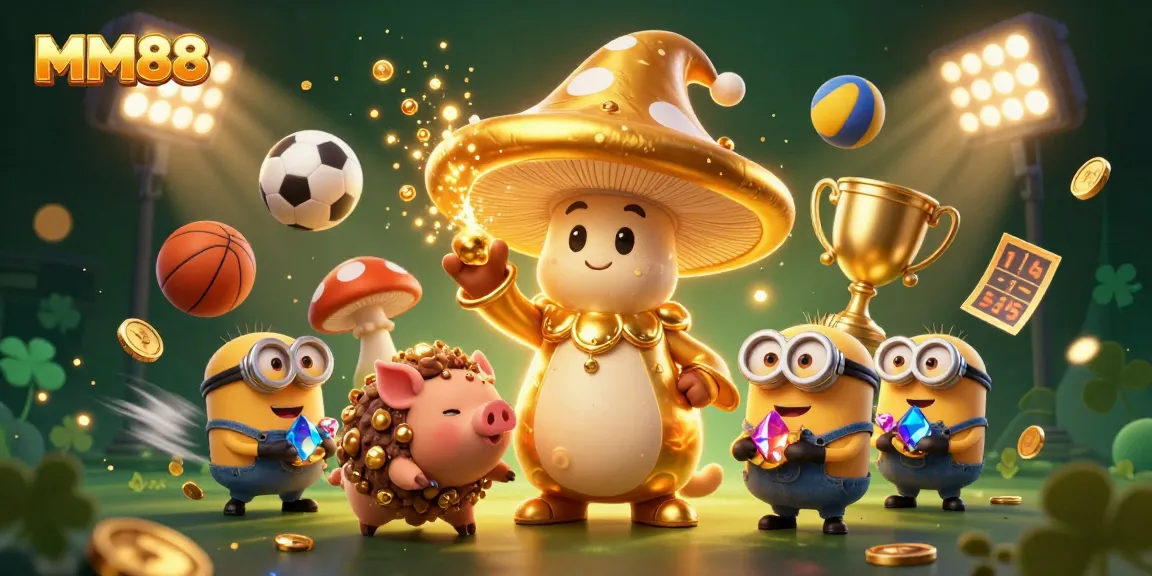 Experience the magic of MM88 with a golden mushroom wizard and treasure-hunting companions in an immersive casino scene.