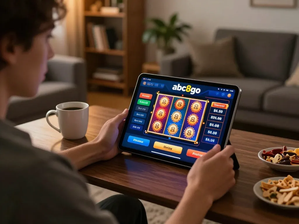 Player engaging with the abc8go app on a tablet in a cozy living room, showcasing online gambling excitement.
