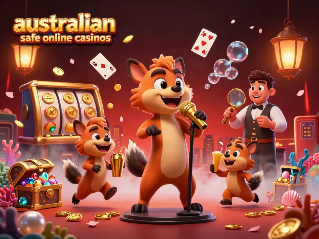 Engage with australian safe online casinos through a vibrant illustrated casino scene filled with fun characters.