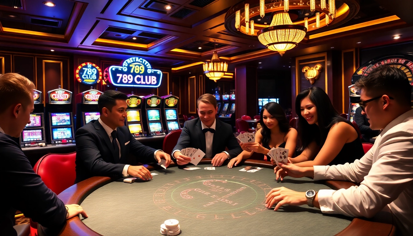 Engaging players at 789 Club poker table amidst dazzling casino lights and slot machines.