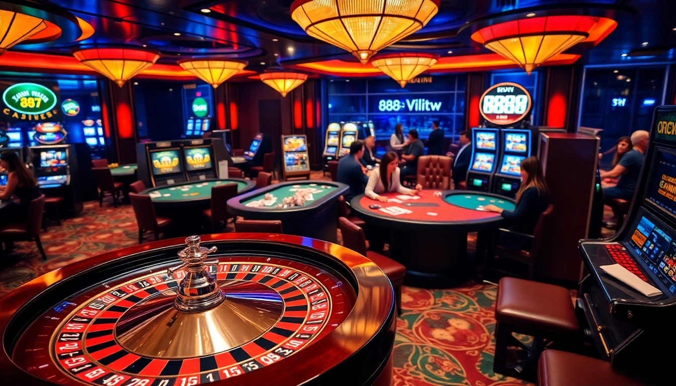 Experience the thrilling gaming atmosphere of 888 vi with glamorous casino tables and engaging players.