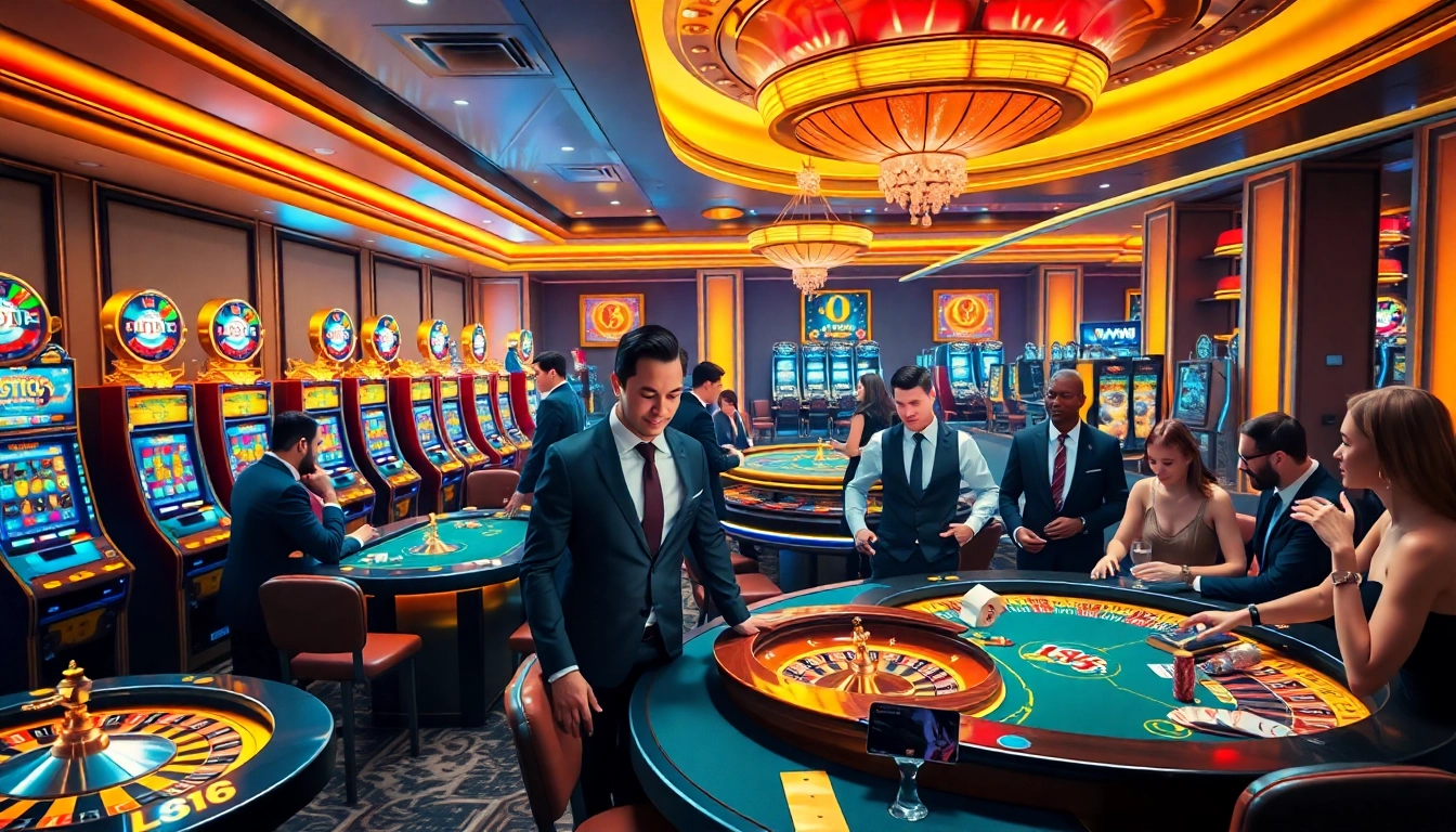 Exciting casino scene with LUCK8 branding, featuring slot machines and poker tables filled with players.