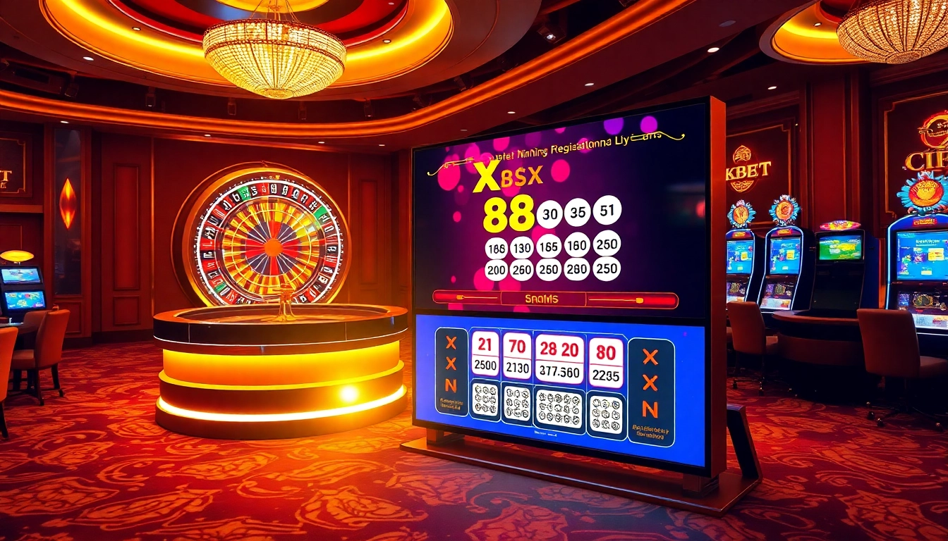 Xổ số 8KBET showcases an exciting lottery draw in a lavish casino environment.