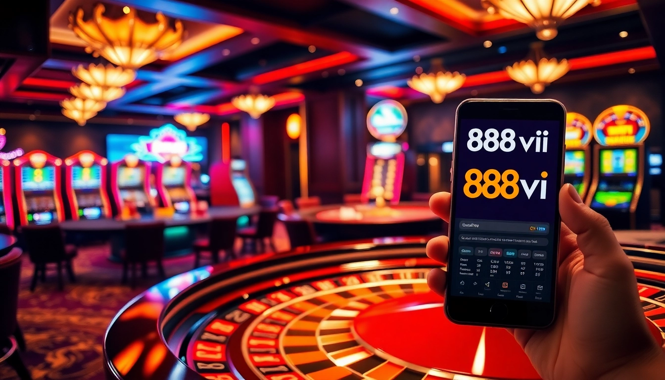 Experience winning strategies at 888vi with an exciting casino environment featuring vibrant slot machines and poker tables.