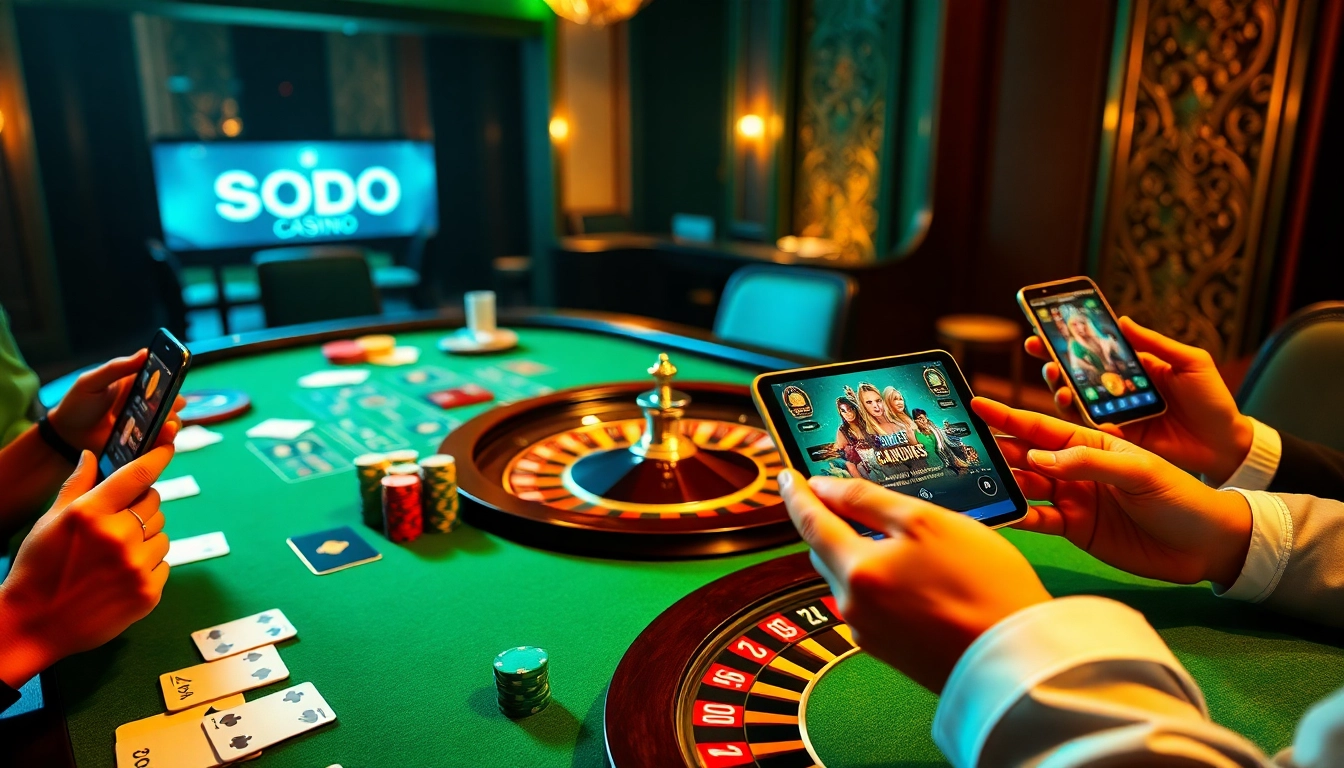 SODO Casino's vibrant gaming experience with roulette, cards, and players engaged in betting.