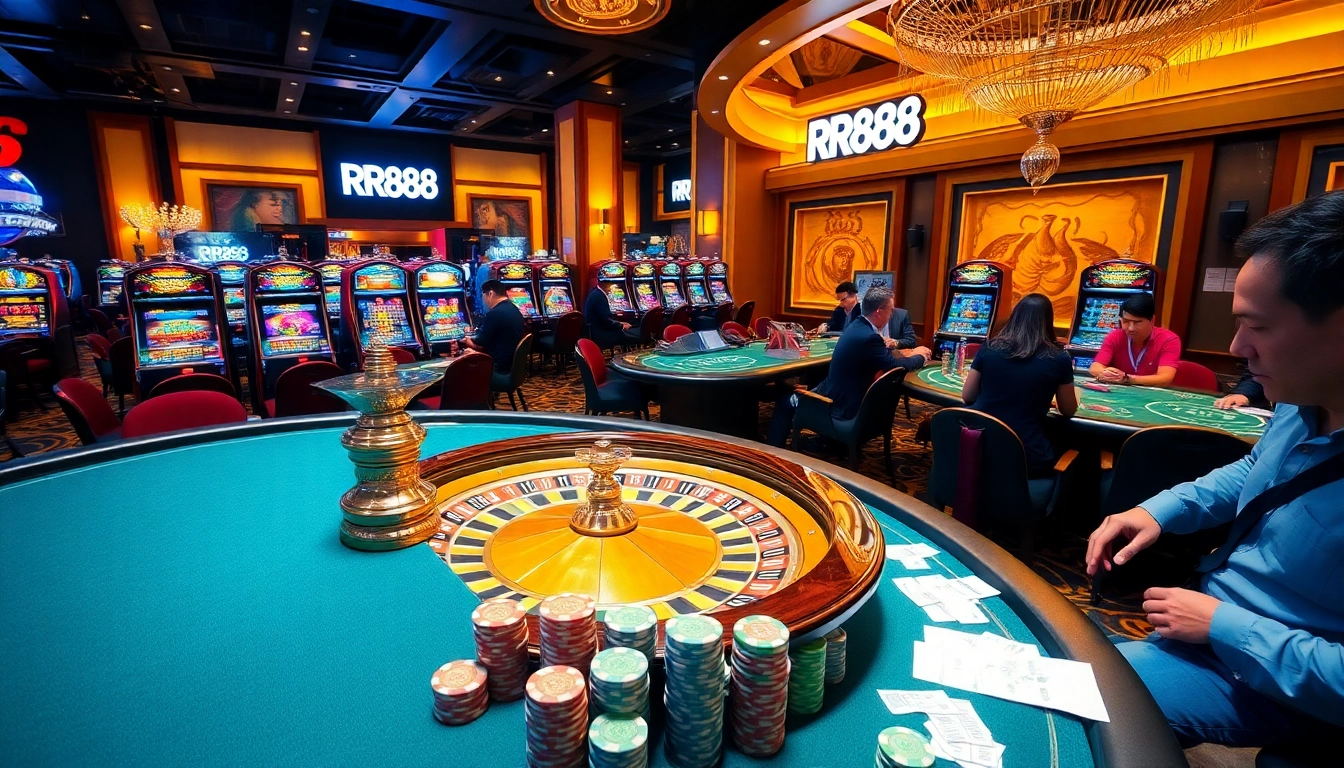Gamblers enjoying thrilling games at RR88 KJC with luxurious casino tables and vibrant slot machines.