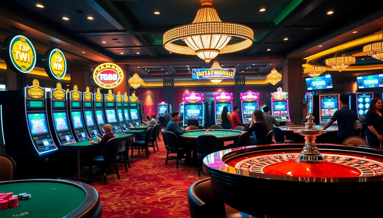 Exciting casino action at https://tg88pro.com/ featuring vibrant slot machines and engaging poker tables.