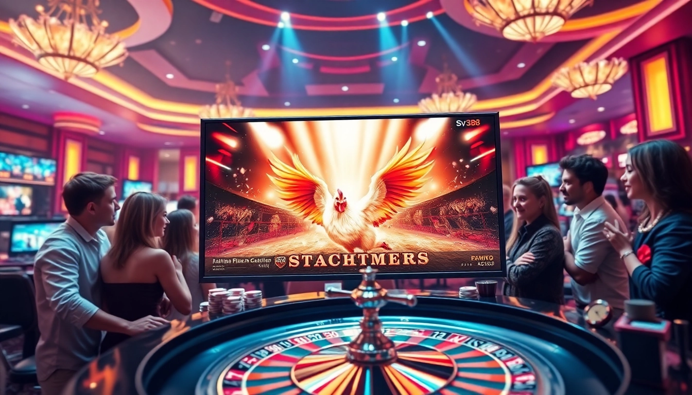 Experience online gambling excitement at https://sv388win.live with a live chicken fight event backdrop.