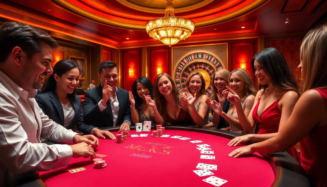 Players enjoy an exciting game at the MB66 casino poker table with vibrant chips and cards.
