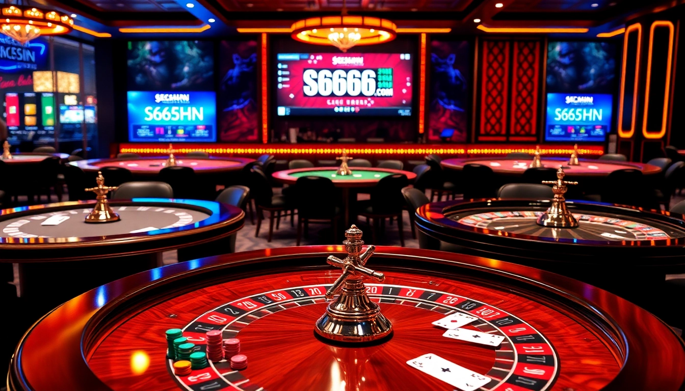 Intense gambling session at s666hn.com with poker chips, cards, and roulette wheel.
