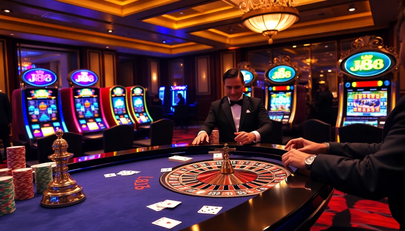 Experience the thrill of j88 at a luxurious casino with vibrant roulette and poker action.
