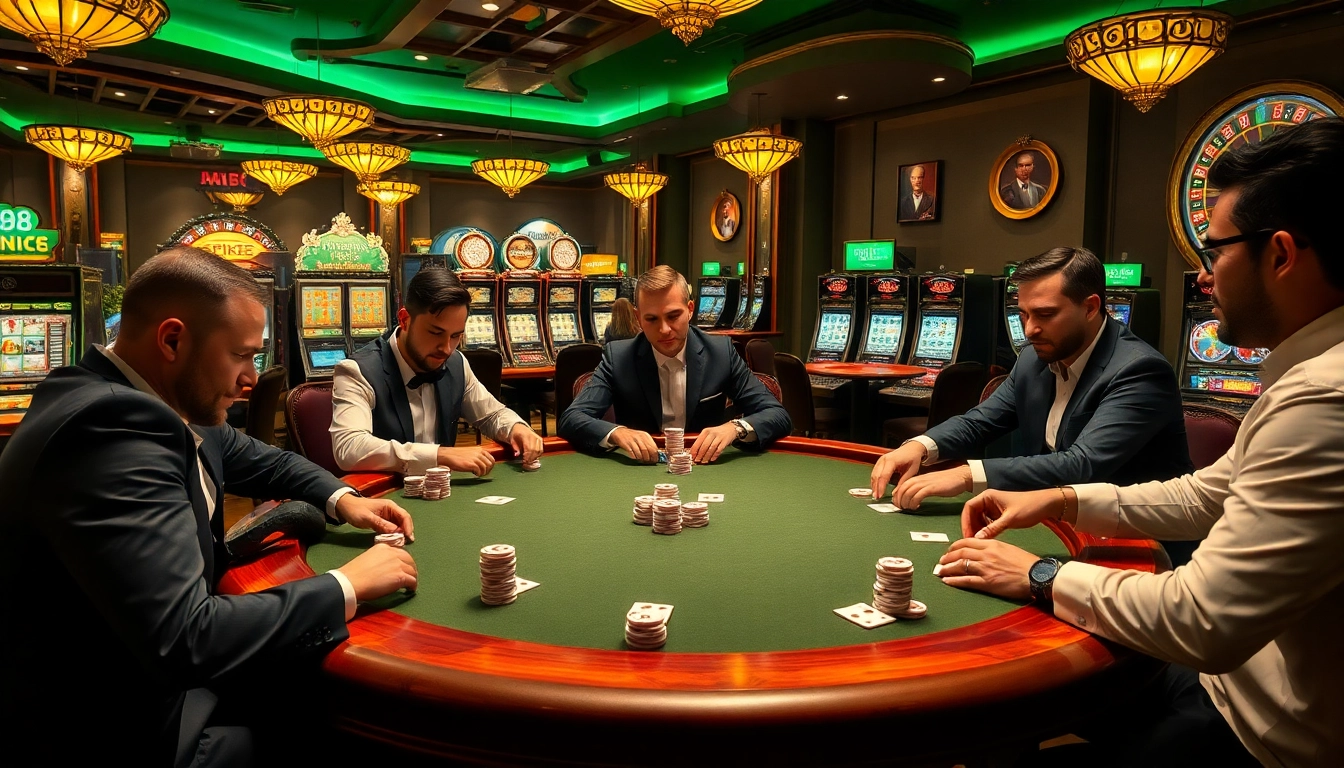 Experience the excitement of tg88 at a luxurious poker table with professional players engaged in high-stakes action.
