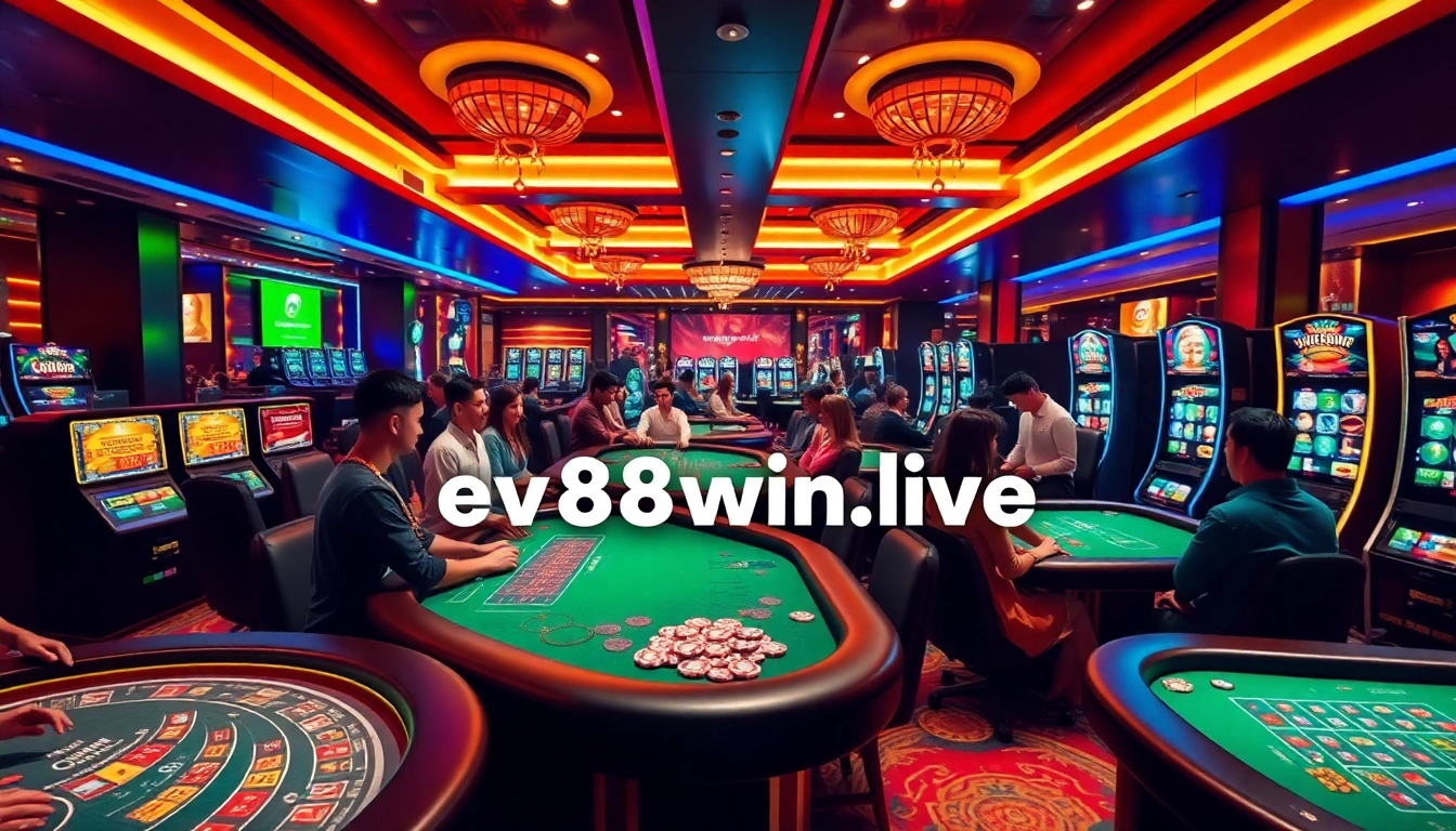 Engaging scene of ev88win.live's online casino, showcasing diverse players enjoying games in a vibrant atmosphere.