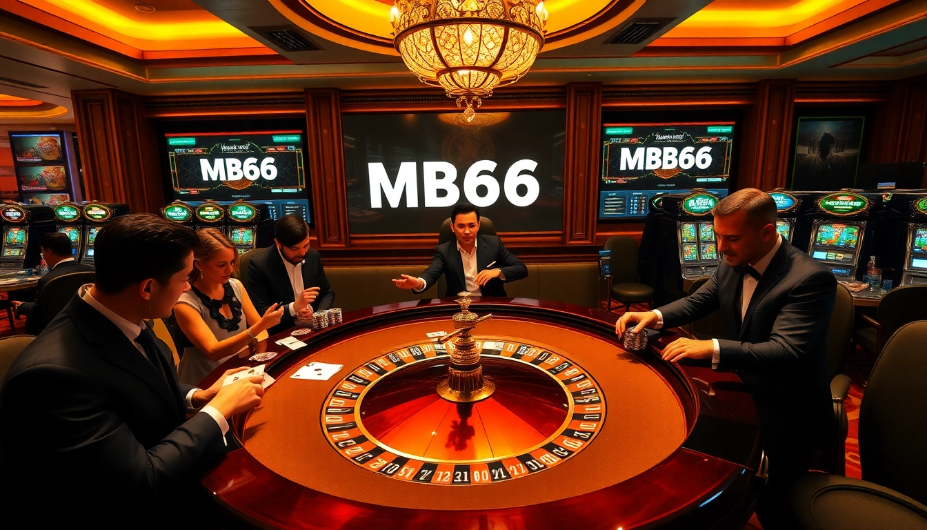 Engaged gamblers at an elegant MB66 casino roulette table full of chips and cards.