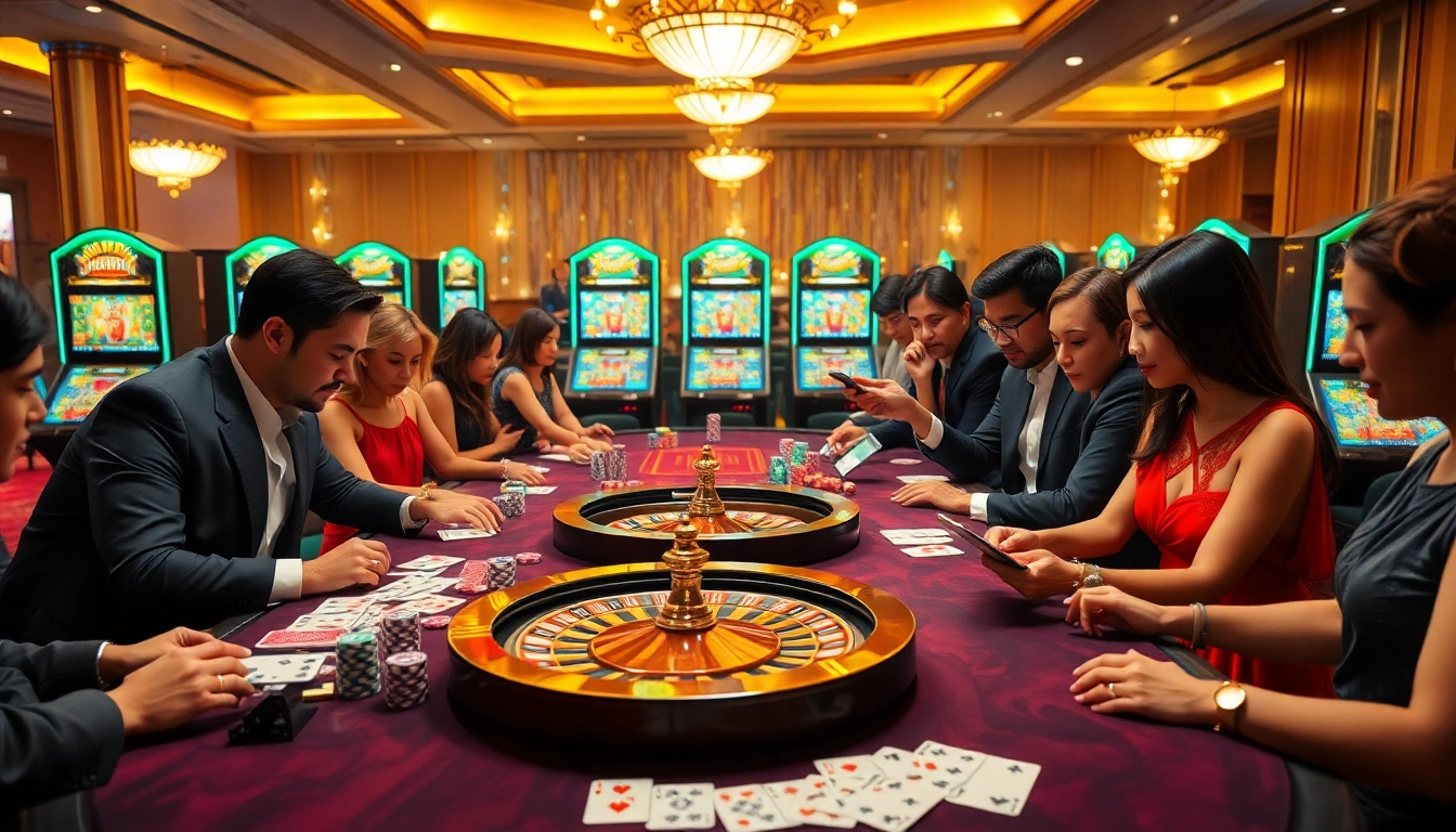 Experiencing the excitement of 888vnd gameplay at a luxurious casino with vibrant tables and slot machines.