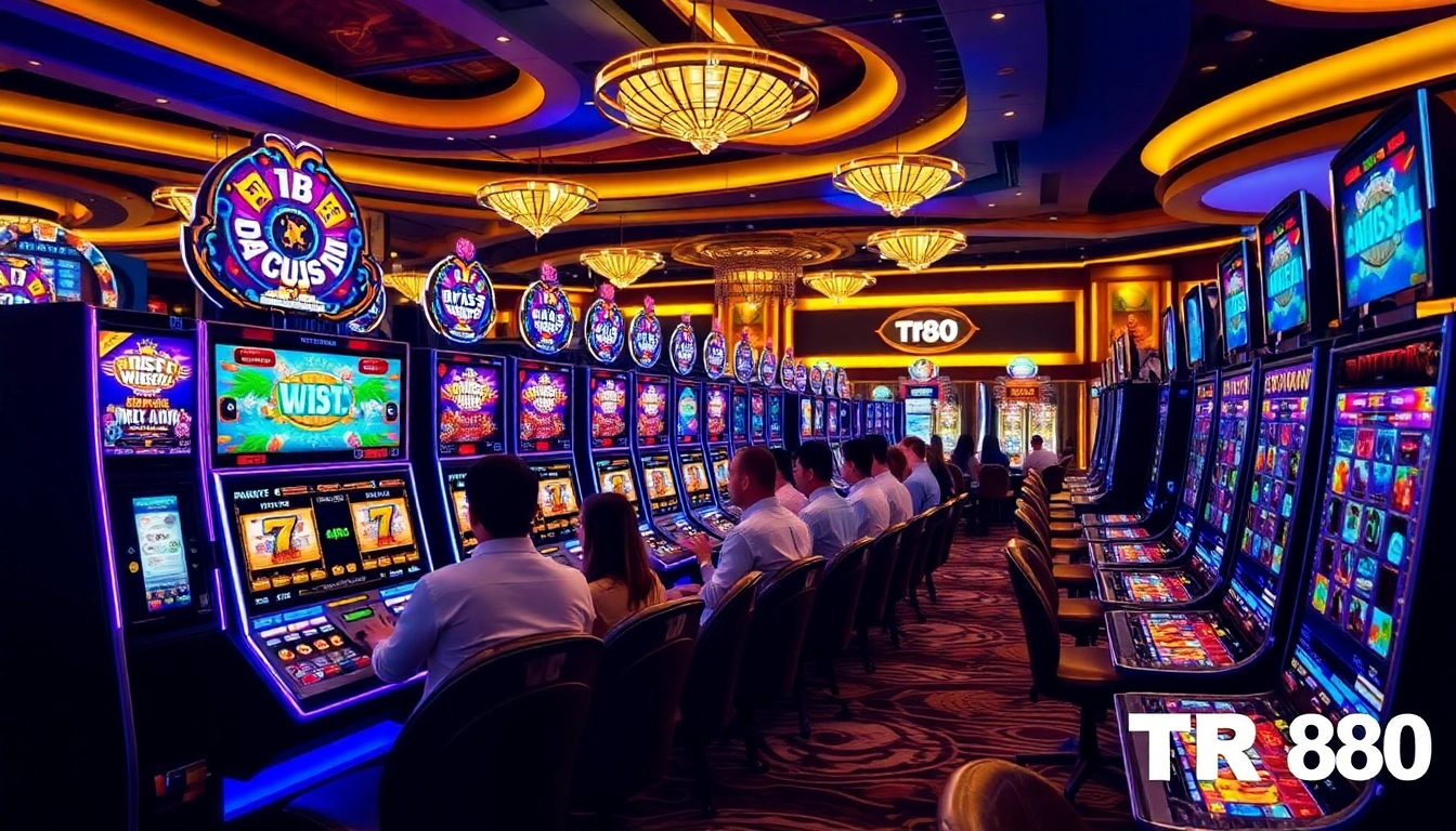 Nổ hũ TR88 slot machines offering vibrant gameplay with players celebrating wins and engaging excitement.