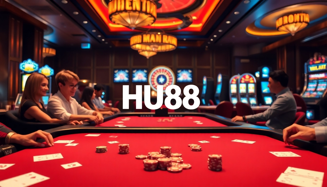 Engaging casino scene with HU88 logo at a bustling gaming table, vibrant poker chips, and alluring atmosphere.