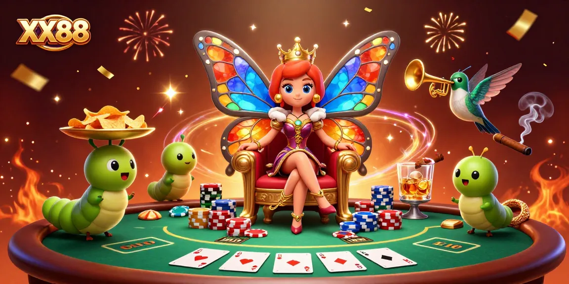 Experience thrilling bets at XX88 with a dynamic scene featuring a butterfly queen and colorful poker elements.