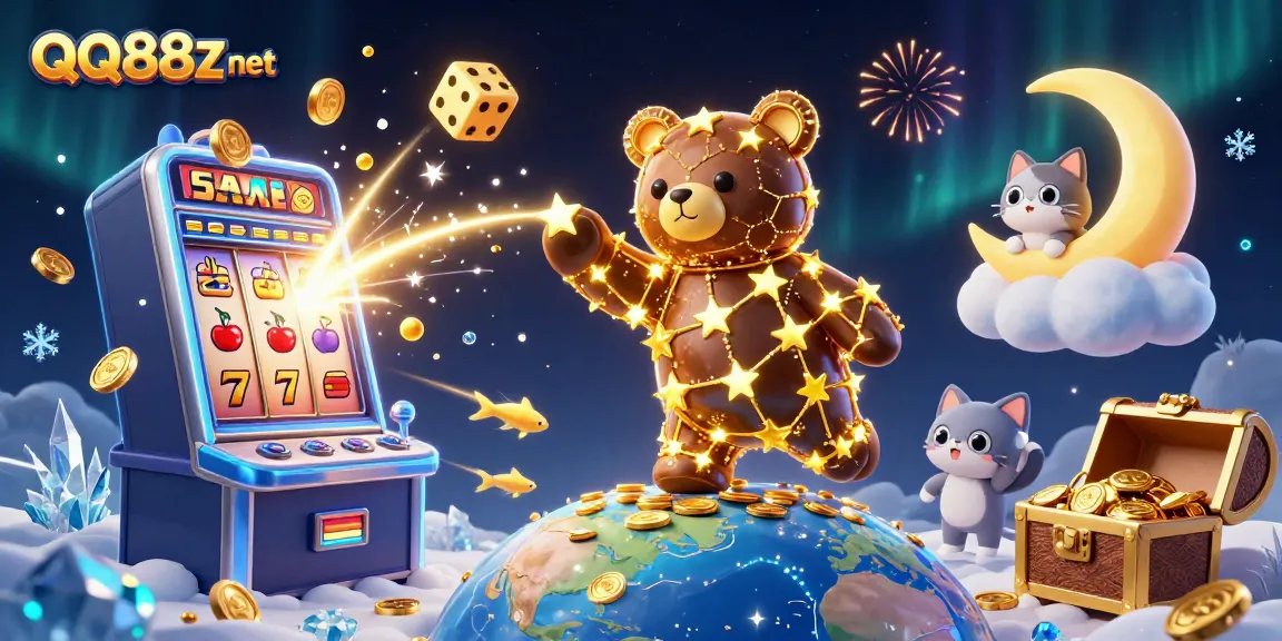 Experience the excitement of QQ88z net as a golden constellation bear gathers coins, surrounded by vibrant casino elements.
