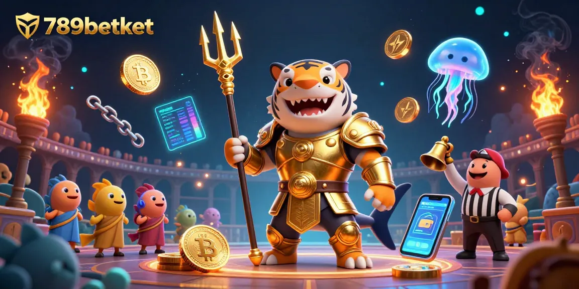 Engage in thrilling play at 789betket with a fierce golden gladiator shark amidst crypto riches.