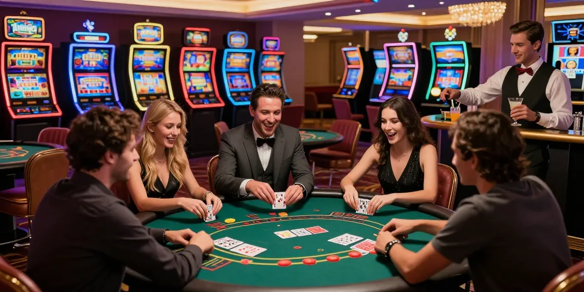 Exciting scene of friends at non GamStop casinos, playing poker and enjoying lively atmosphere.