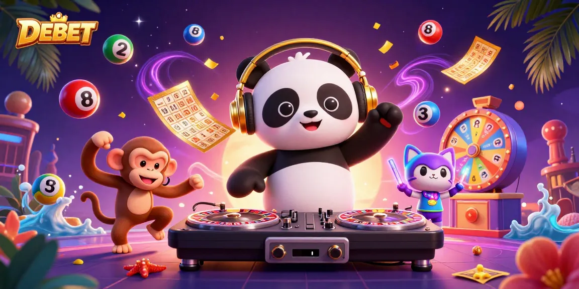 Engaging DEBET casino scene with DJ panda, dancing monkey, and glowing kitten amidst lottery elements.