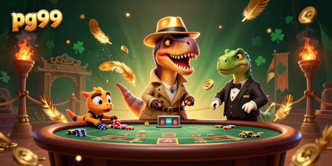 Engage in thrilling gaming at pg99 with a velociraptor card counter and stegosaurus pit boss in a dynamic casino scene.