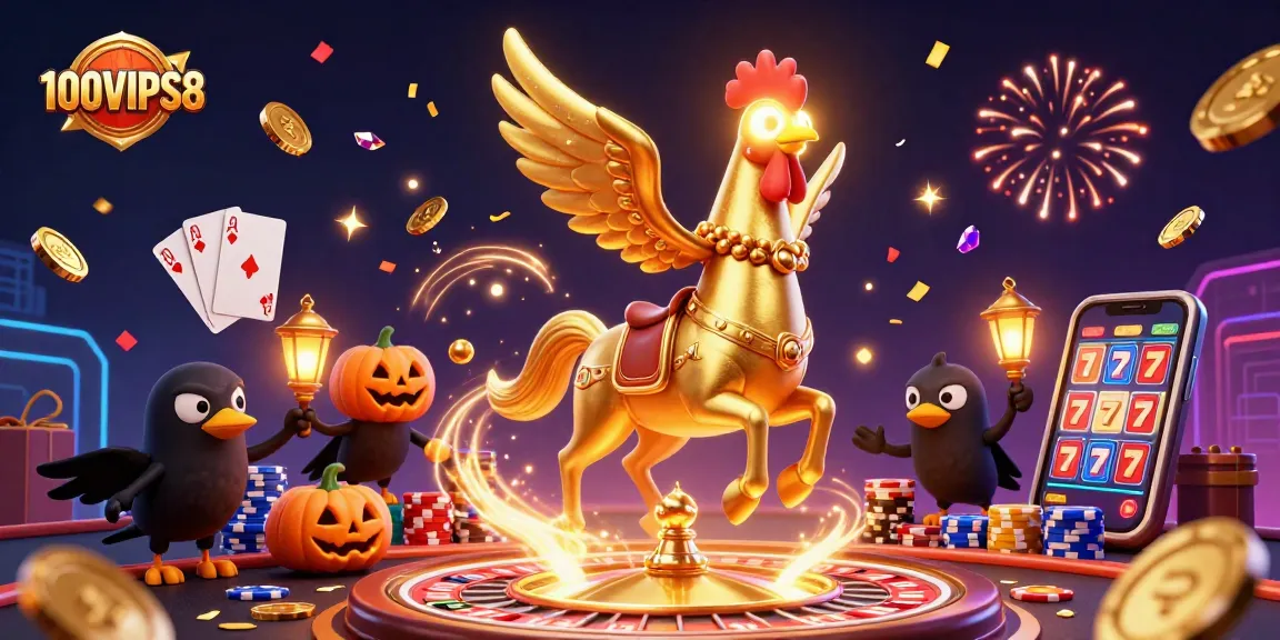 Experience the excitement of winning at 100VIPS8 with vibrant casino elements and dynamic characters.